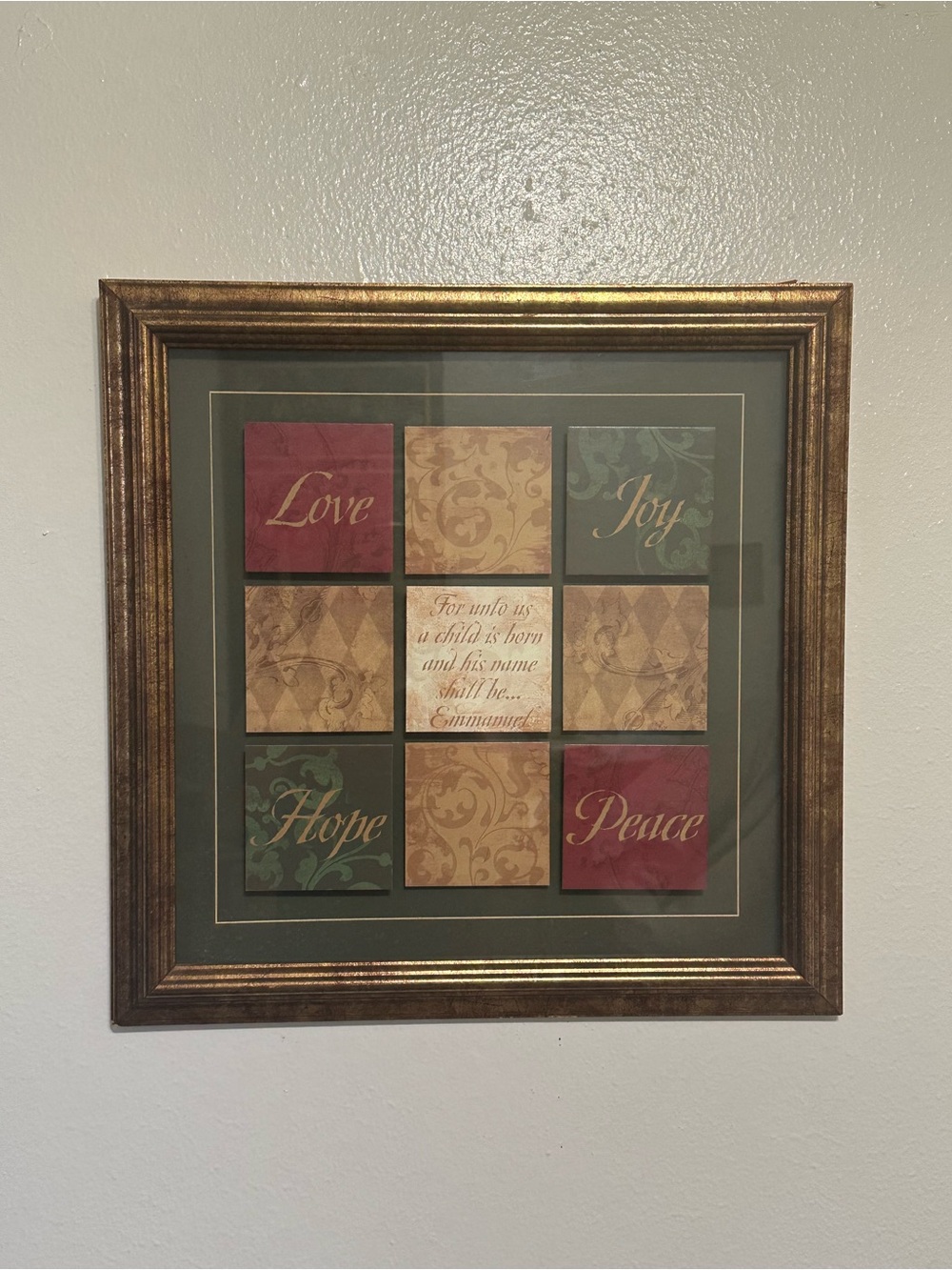 Vintage 2016 Love Joy Peace Hope Framed Artwork Christian 19 X 19 Inches